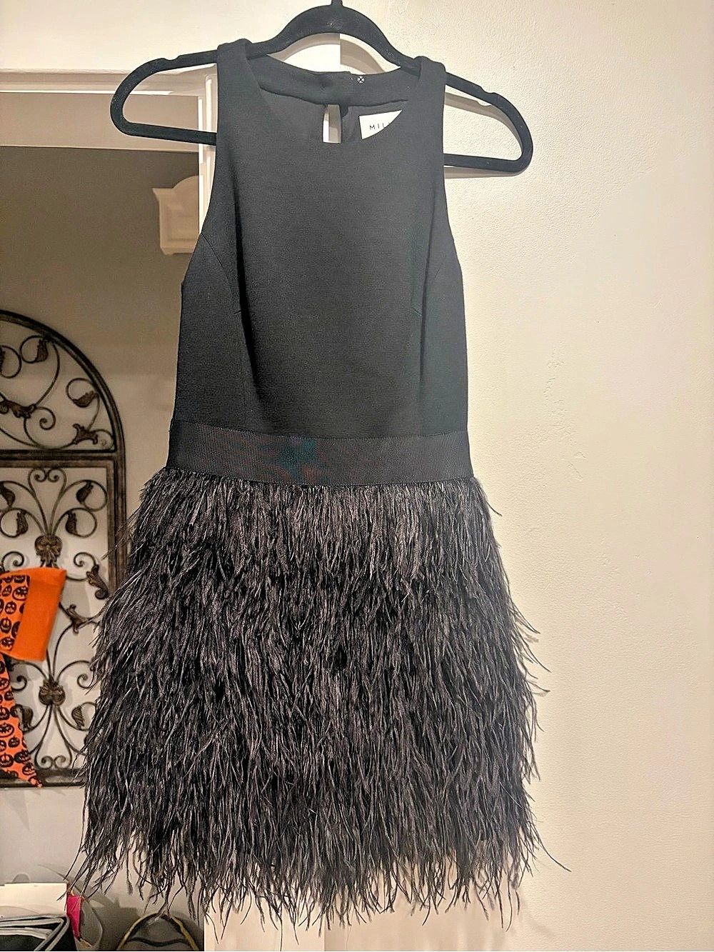 Milly Feathered Mini Dress in Black Size 4 Like New